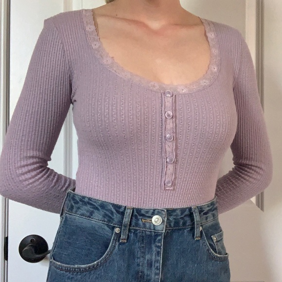 DISCONTINUED Lavender Lace Forever 21 Long Sleeve Henley Bodysuit - Picture 1 of 5
